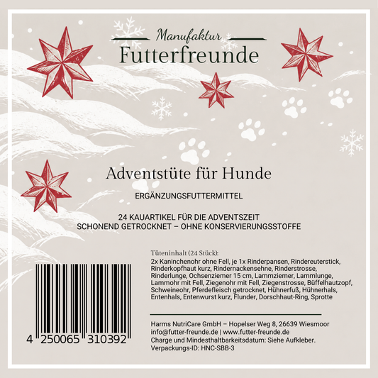 Adventstüte für Hunde, Etikett mit 24 Kauartikeln