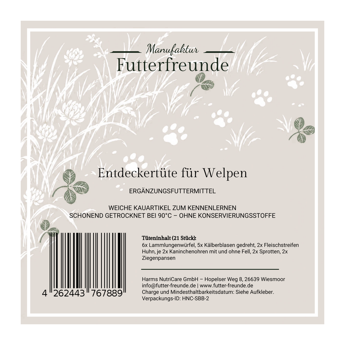 Entdeckertüte für Welpen, Etikett mit Tüteninhalt
